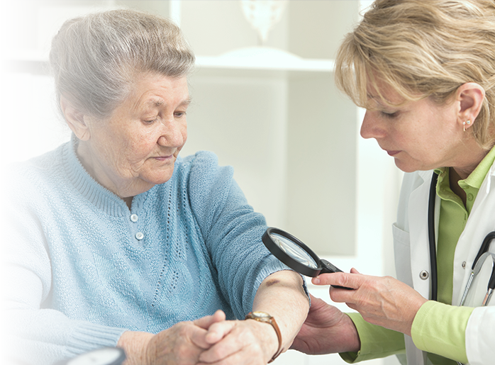 Doctor checks customer's skin